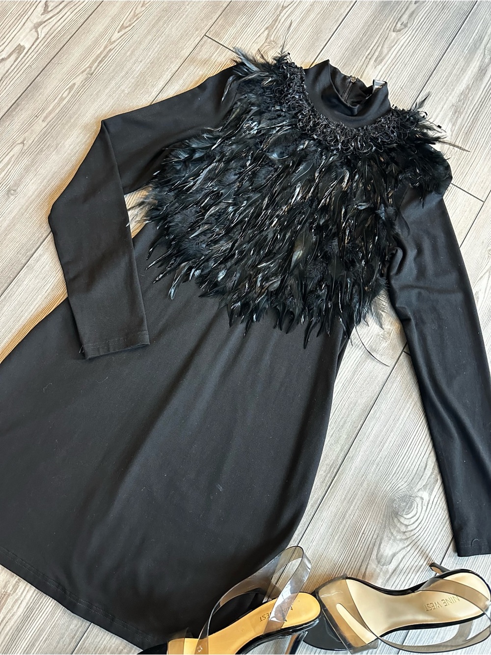 Garcia Boutique Black Feather Trim Mock Neck Mini Dress Long Sleeve Party